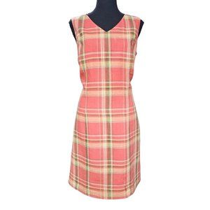 Villager Orange and Green Tartan Pattern Linen Blend Sheath Summer Dress, Size 8